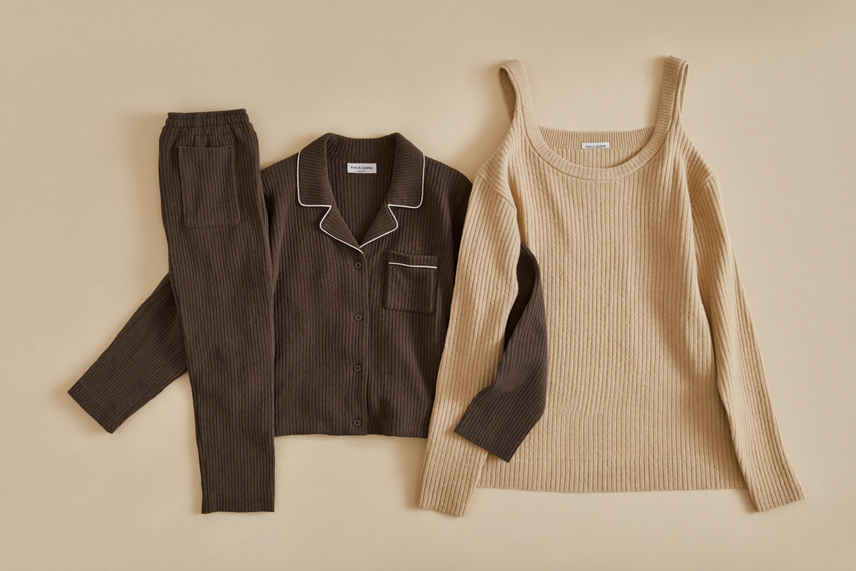 Ensemble pyjama et robe en tricot côtelé disposés pour l'automne