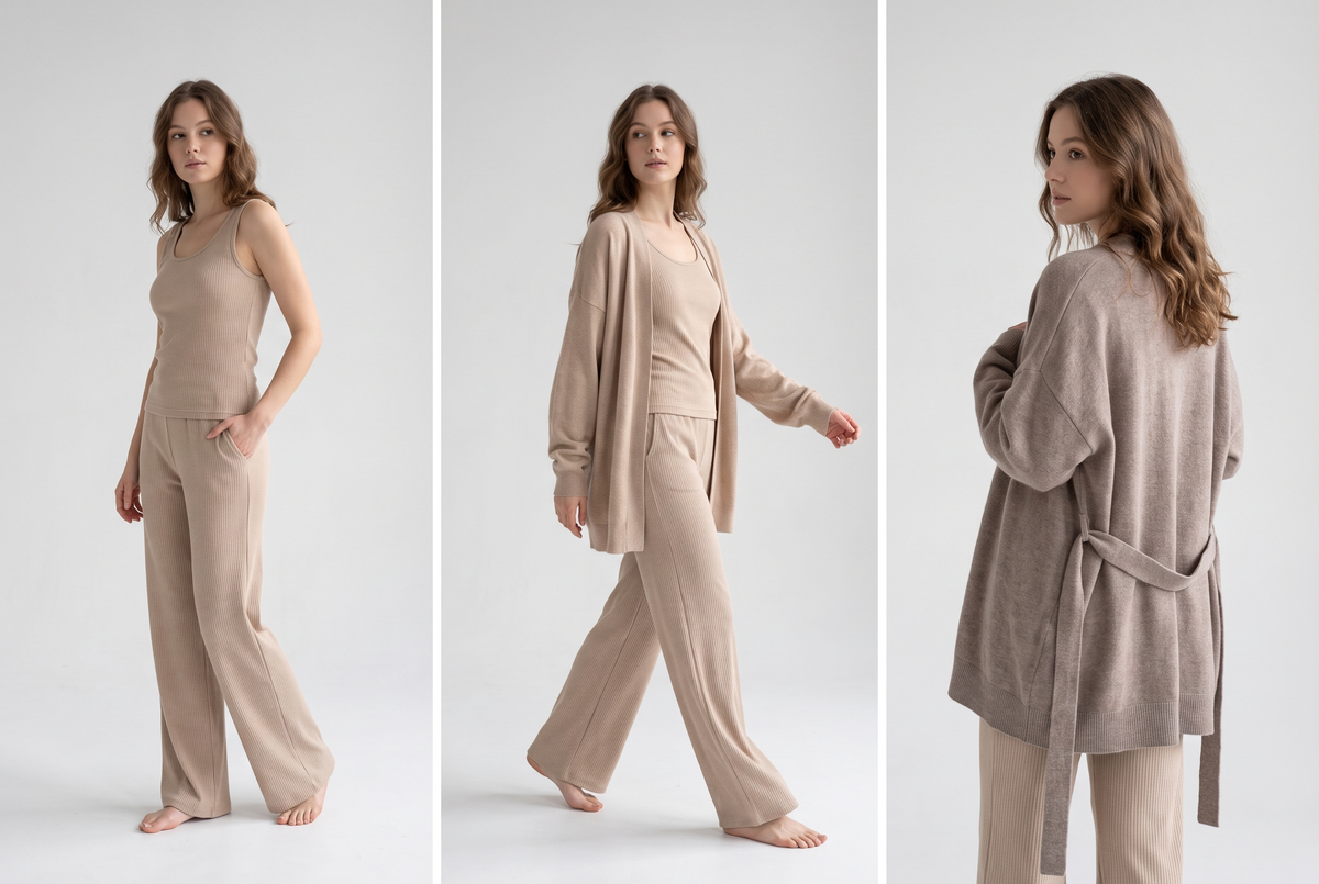 Triptyque de trois looks loungewear Almond beige et taupe