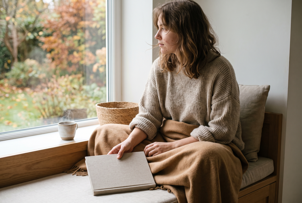 Femme lisant sur une banquette près d'une fenêtre, pull oatmeal et plaid camel, ambiance cocooning d'automne