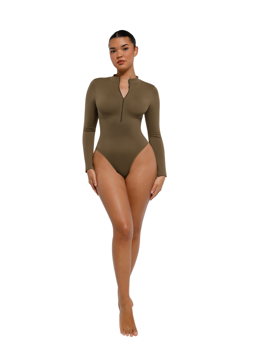 Zip-Front Plunge V-Neck Bodysuit
