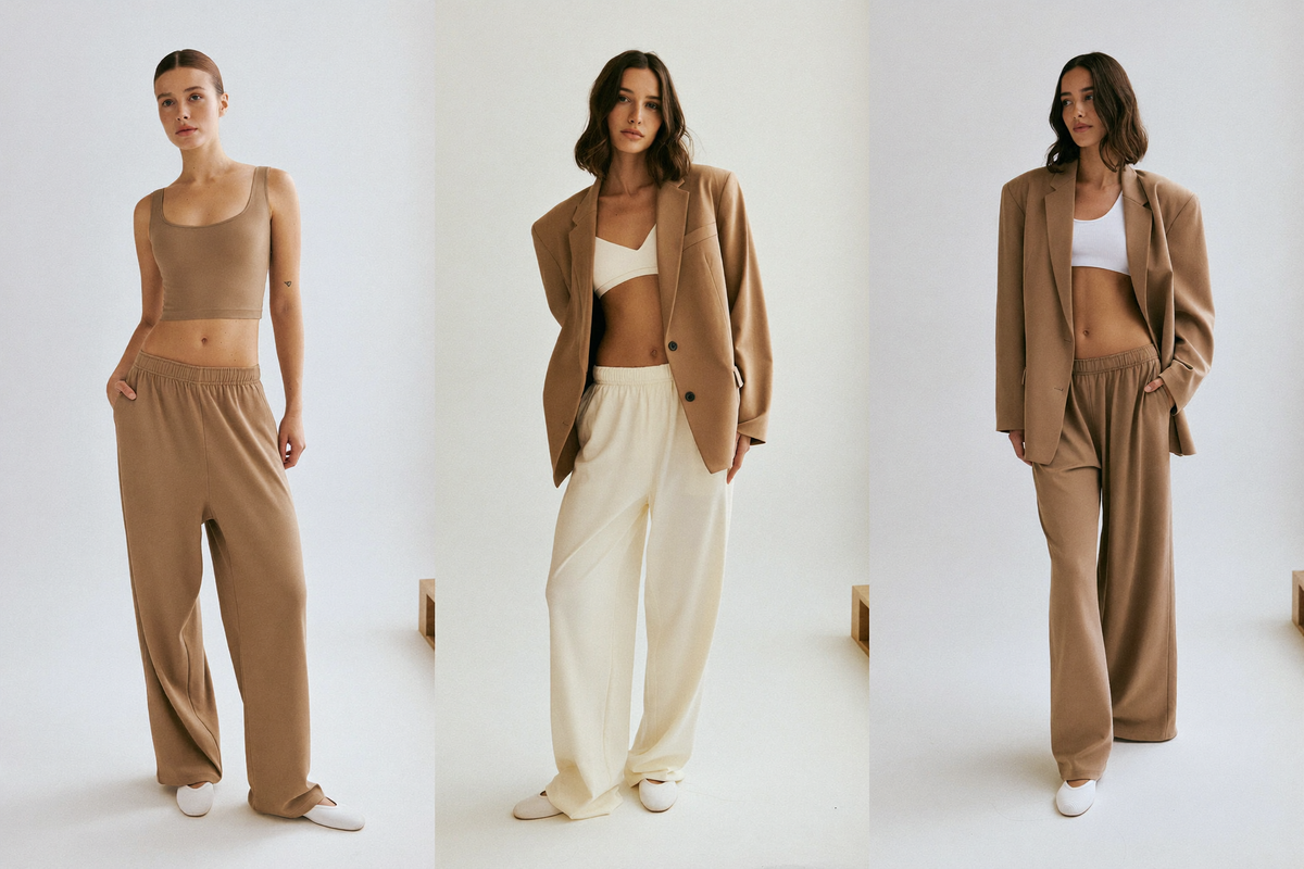 Trois essentiels loungewear Almond stylisés ensemble en studio