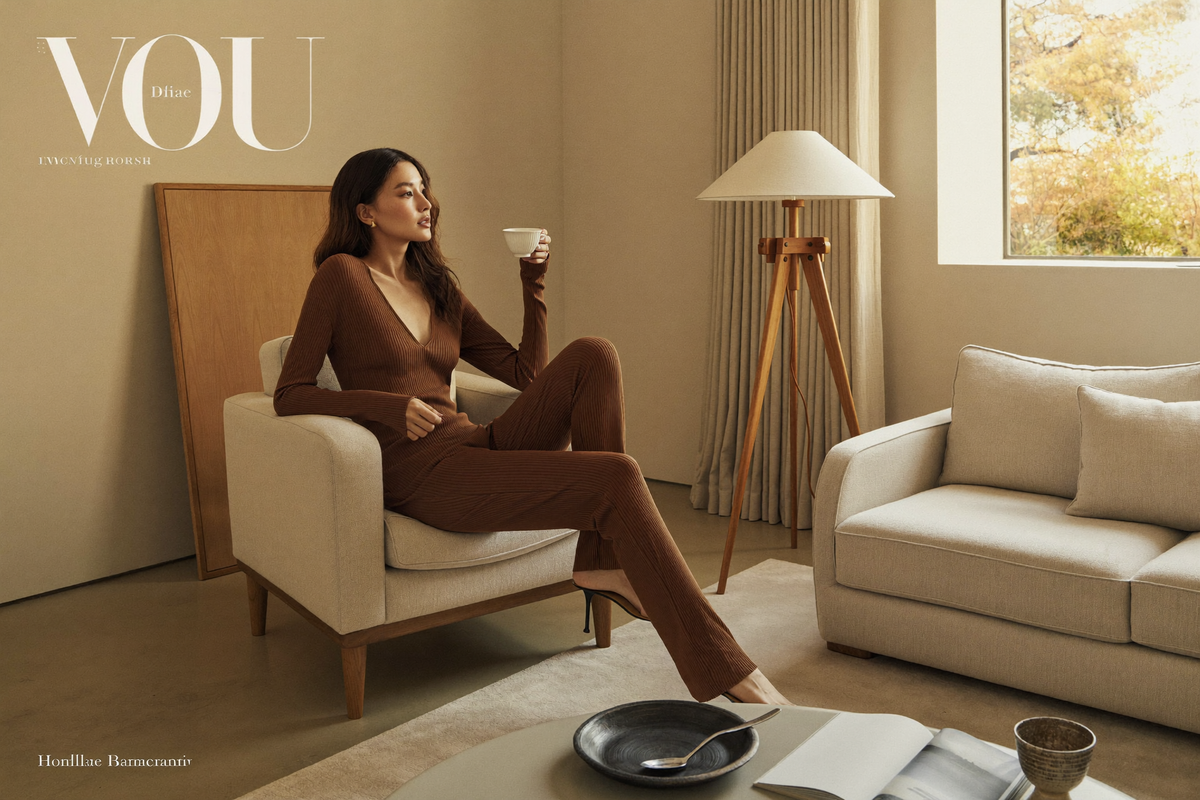 Femme en ensemble loungewear cacao prenant un thé près d'une fenêtre