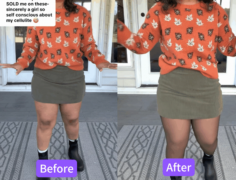 Before and after wearing the fleece-lined shaping leggings