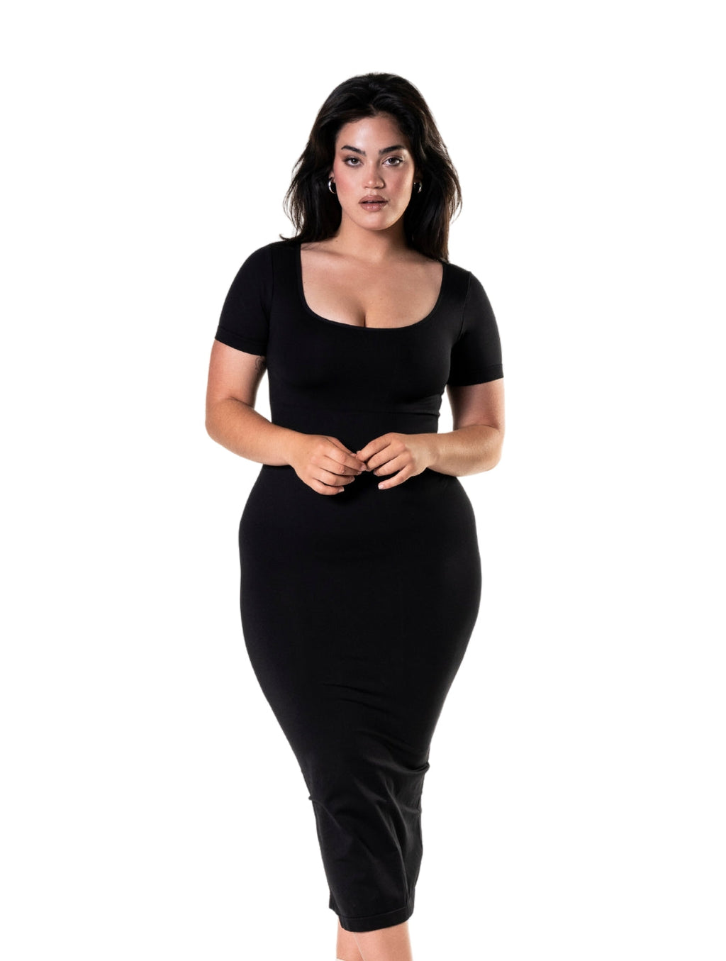Short-Sleeve Bodycon Shapewear Midi Dress with Split