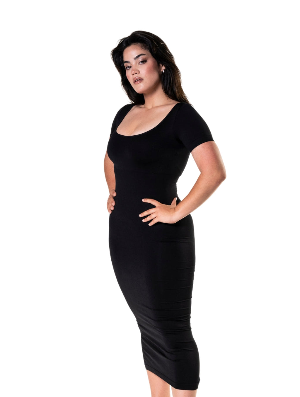 Short-Sleeve Bodycon Shapewear Midi Dress with Split