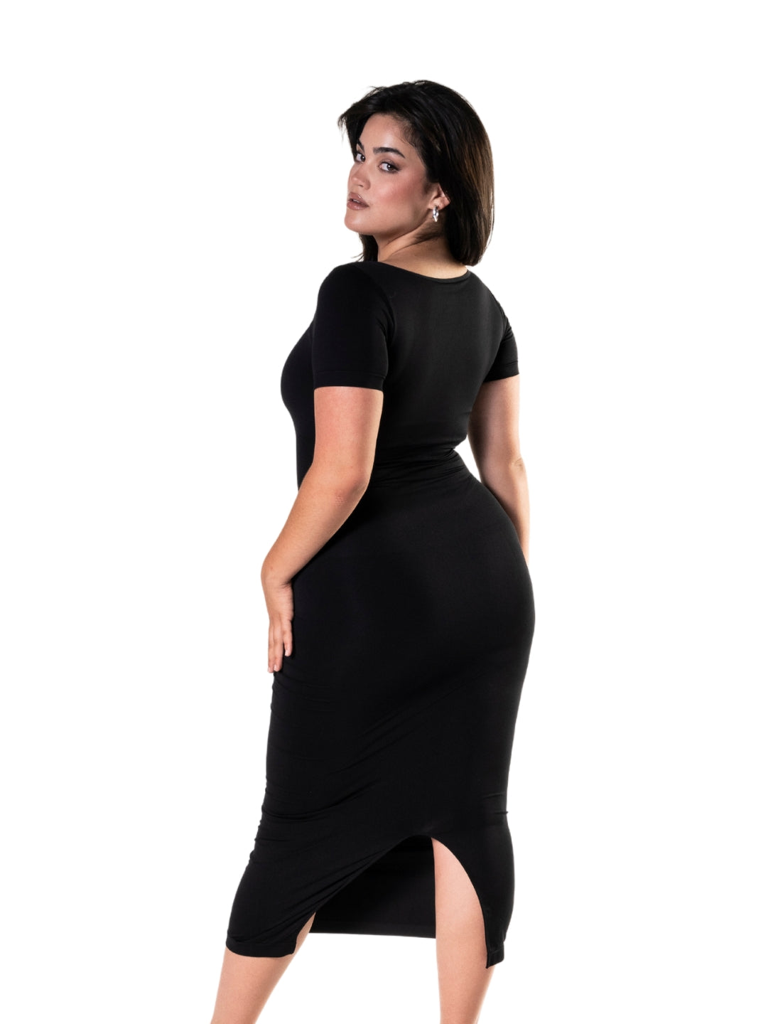 Short-Sleeve Bodycon Shapewear Midi Dress with Split