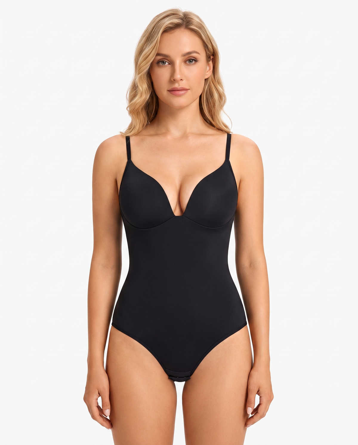 Body Sculptant Col V Almond - Noir - Trois-quarts