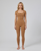 Almond Short-Sleeve Jumpsuit - Camel - Front