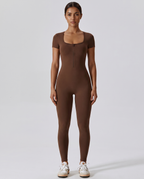 Almond Short-Sleeve Jumpsuit - Coffee - Front