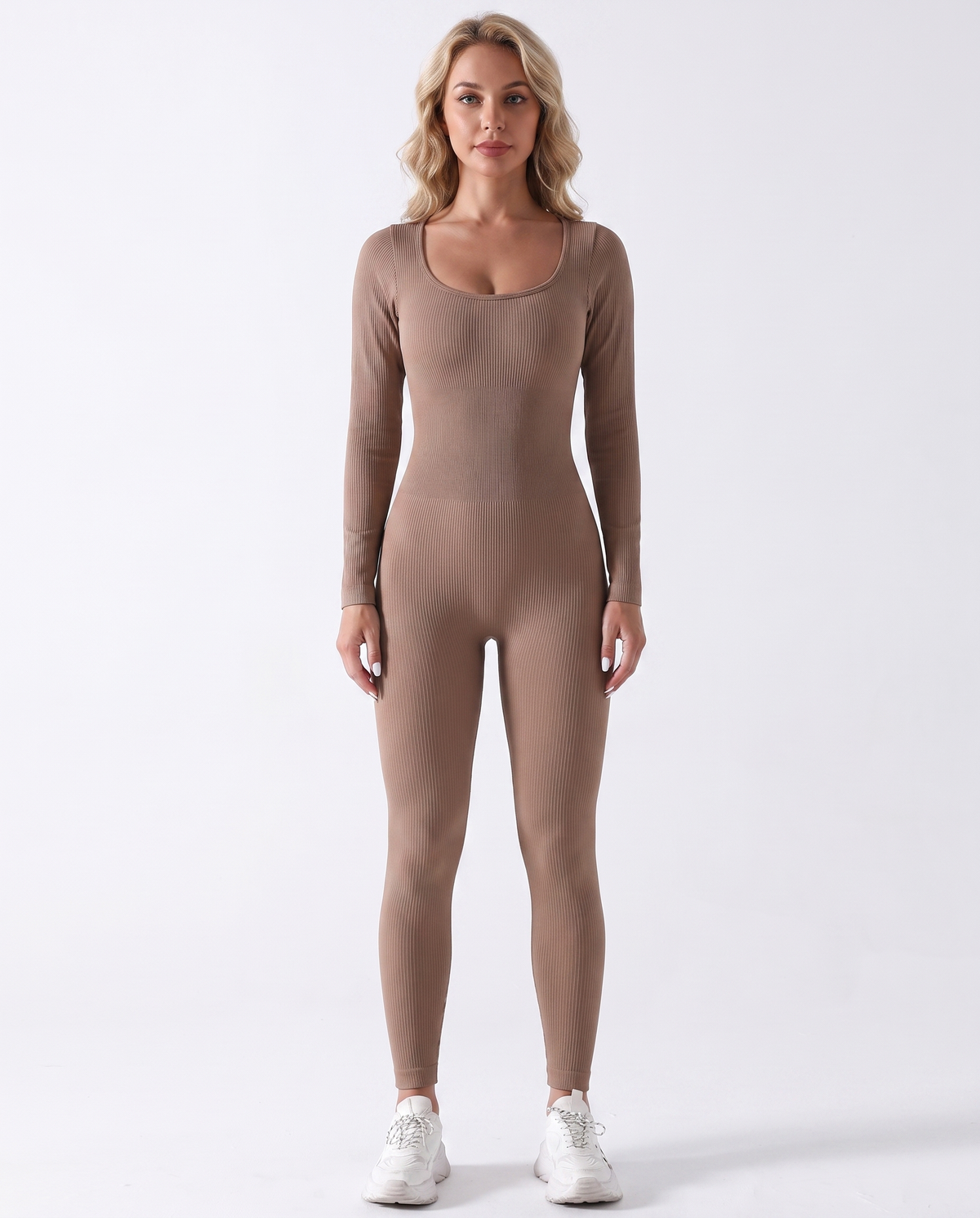 Combinaison Yoga Manches Longues Almond - Cafe Clair - Face