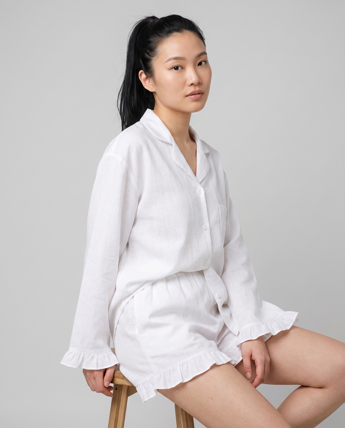 Ensemble Pyjama en Coton avec Col Chemise - Blanc