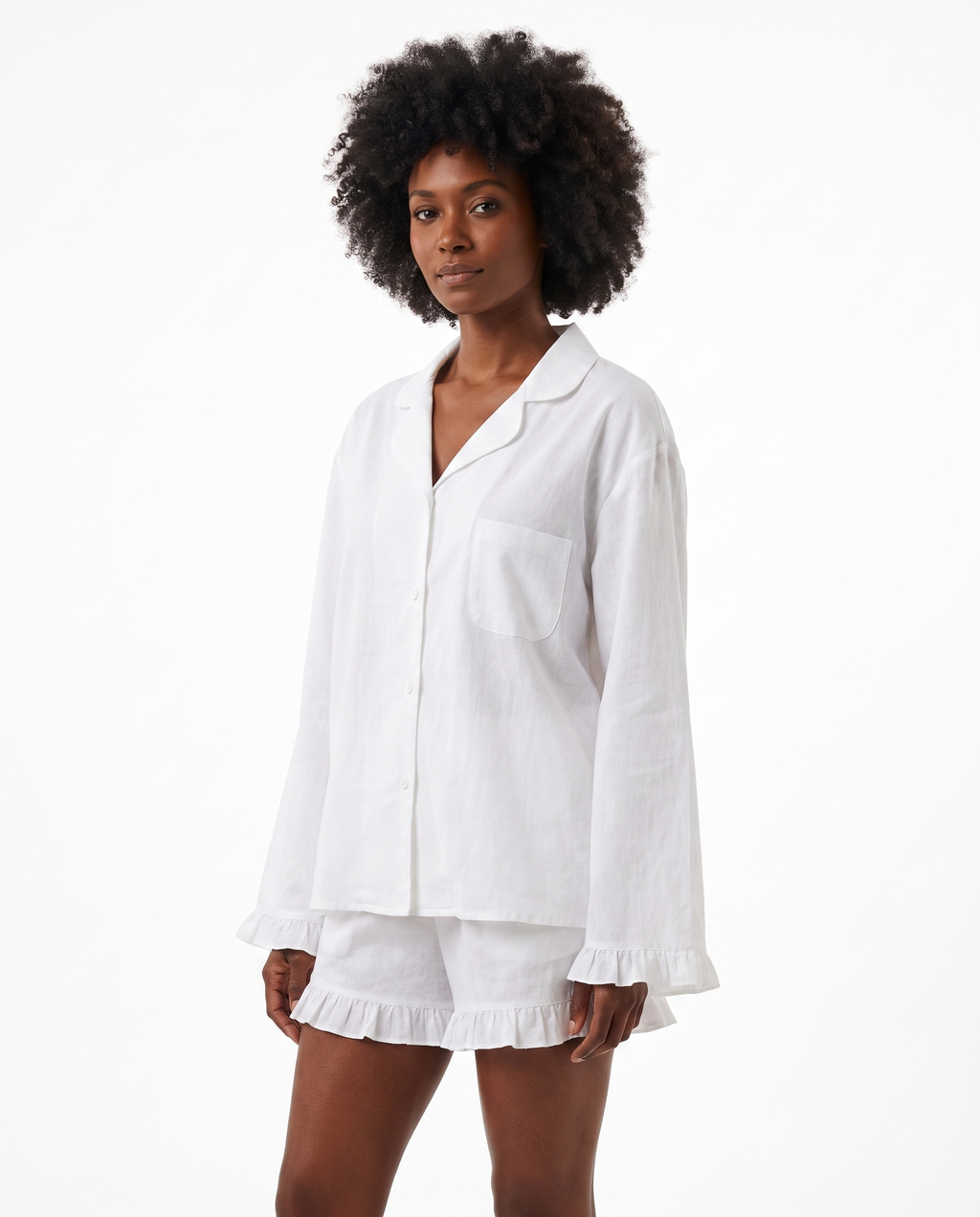 Ensemble Pyjama en Coton avec Col Chemise - Blanc