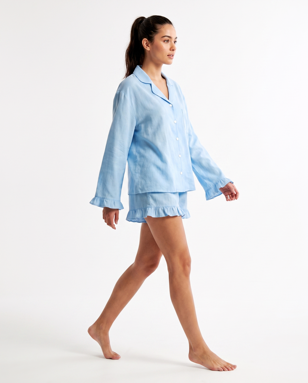 Ensemble Pyjama en Coton avec Col Chemise - Bleu